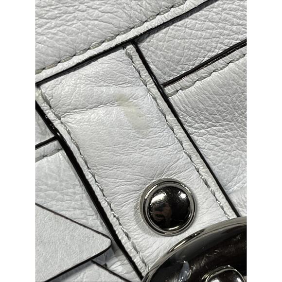 B Makowsky Leather Handbag Shoulder Bag White Hobo with Buckles Top Zip Pleats - Picture 7 of 14